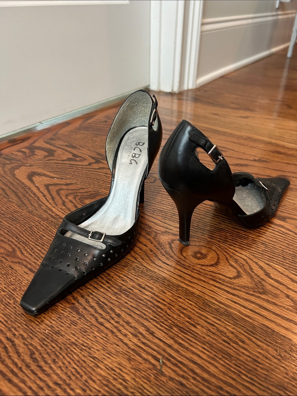 BCBG Black Perforated Pointed-Toe D'Orsay Heels with Ankle Strap